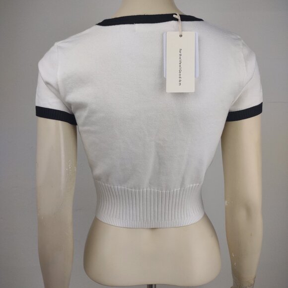 NWT Commense white black V-Neck short sleeve cropped cardigan bolero Small - Picture 4 of 8